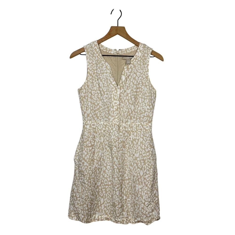 Banana Republic Mini A-Line Dress Womens Size 2 Beige Leopard Print Linen Blend